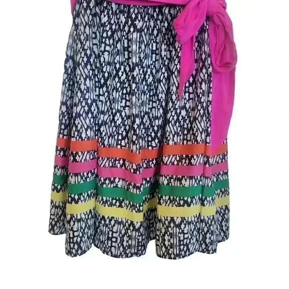 Eliza J Women's Navy & White Poly Print Colorful Striped Ribbons Pink Sash Sleev - Picture 6 of 14